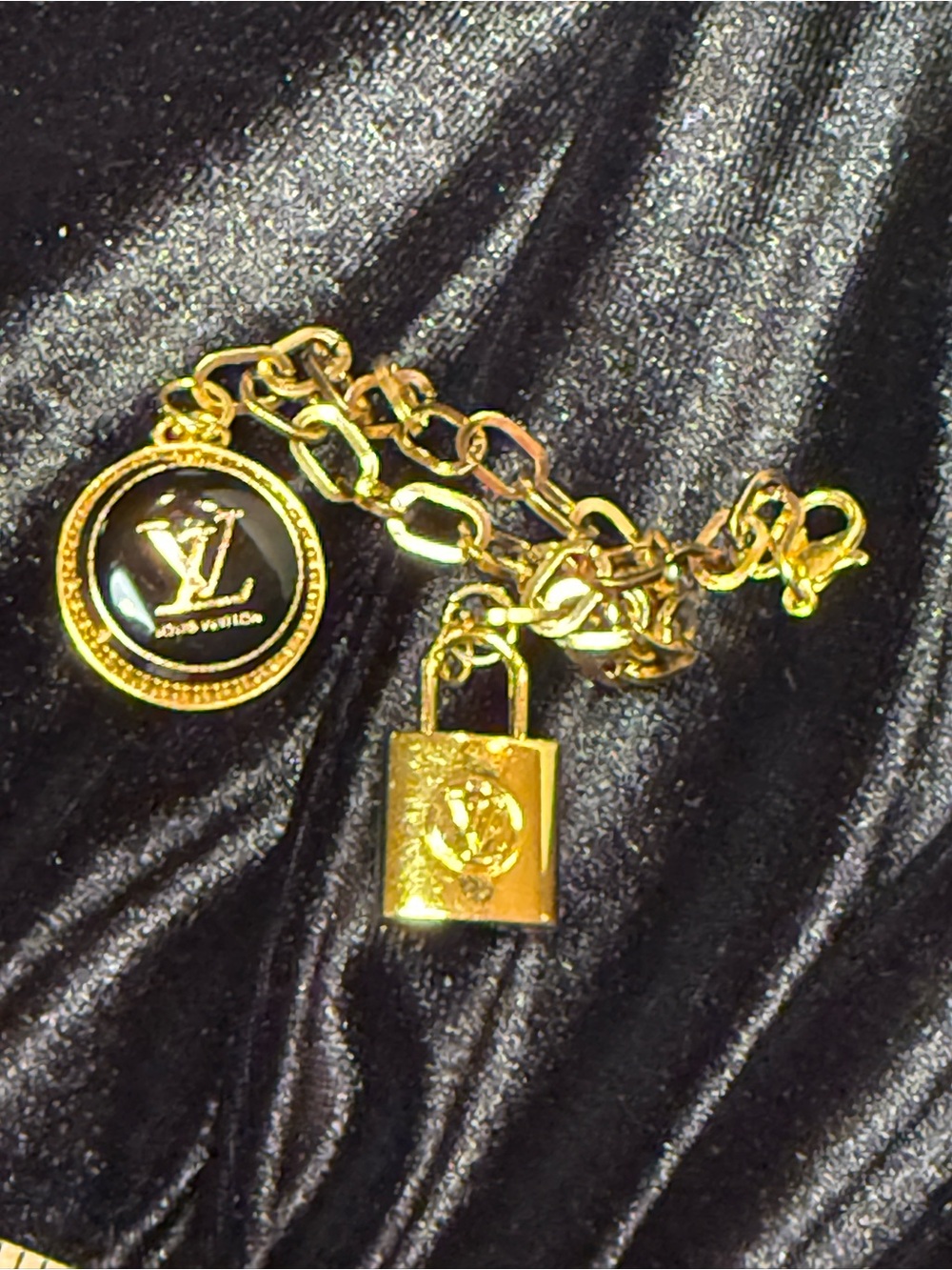LV Gold Chain Bracelet with Black Logo Disc and Padlock - Picture 5 of 7